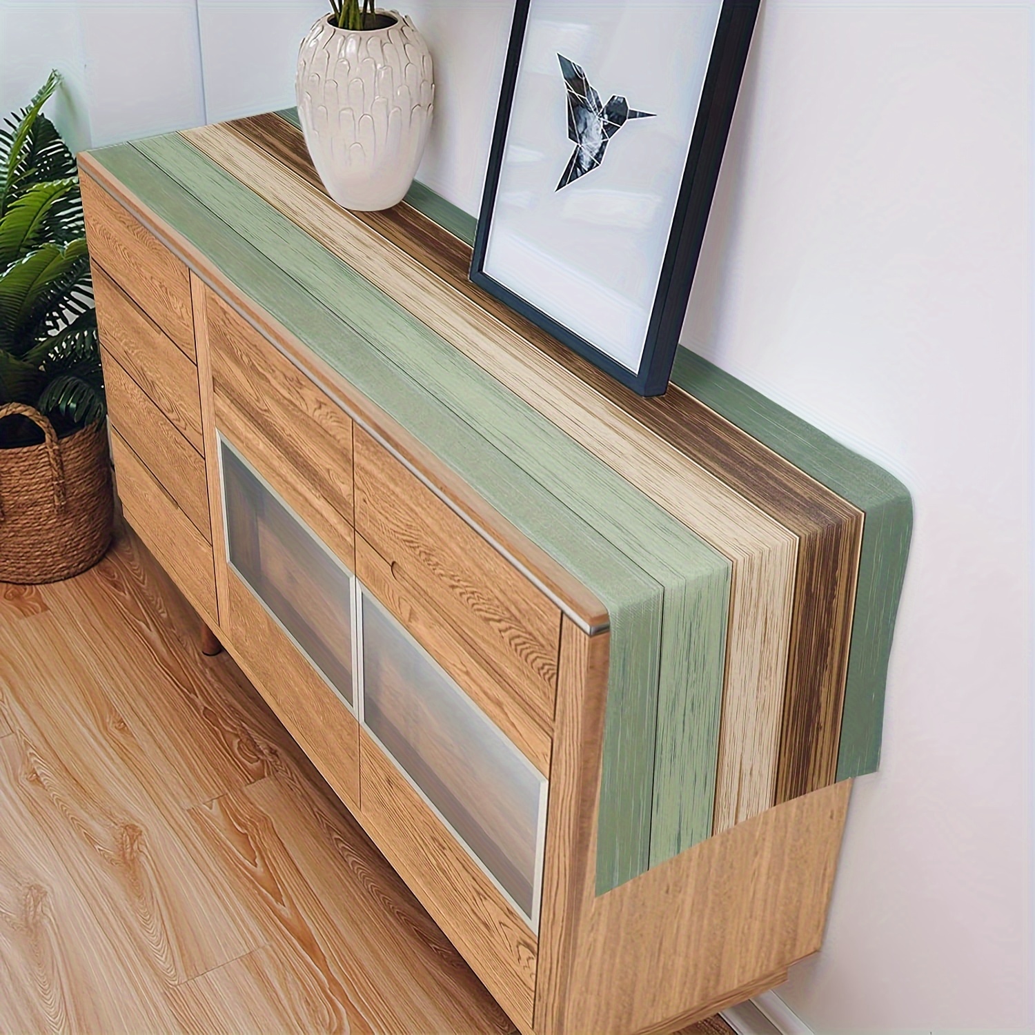 Image of Retro Wood Grain Table Runner Gray Green Brown Wooden Texture Tablecloth Non-slip Party Dining Decor Suitable For Kitchen, Home, Outdoor Party Table Decoration Table Flag