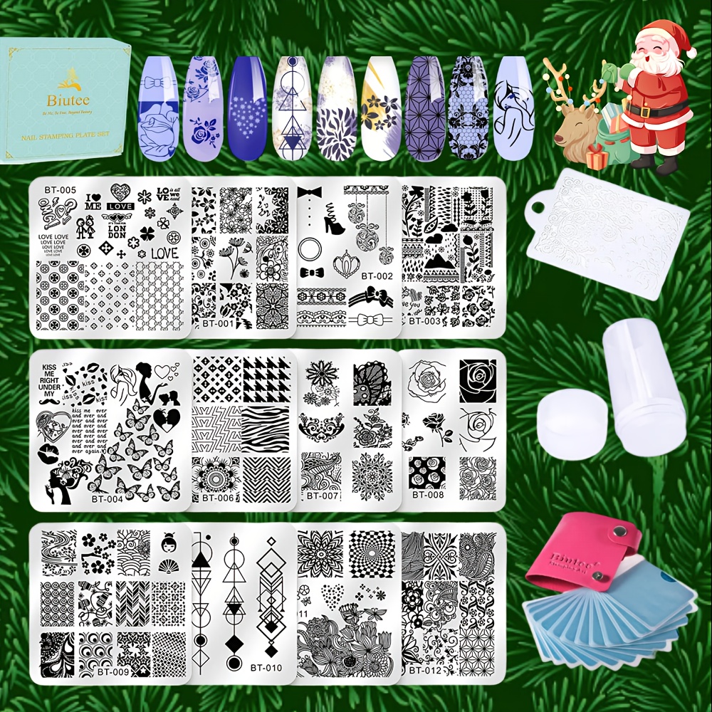 Image of Biutee 15pcs Christmas And Halloween Nail Stamping Plates Set - Nail Art Stamper Kit With Stamp Templates, Holiday Snowflake And Spooky Pumpkin Designs, Scraper, Storage Bag, And Gift Box