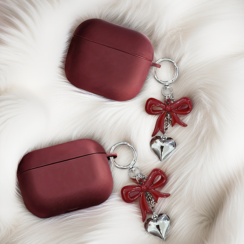 TEMU Wine Red Bow With Silvery Heart Protective Case For For Airpods, Designed To Prevent Scratches And