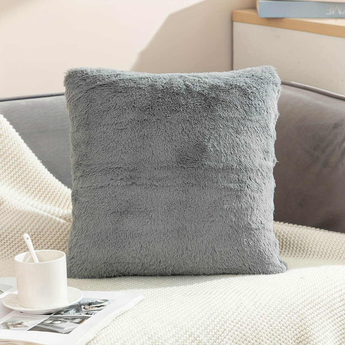 

1pc, Styled Solid Color Plush Throw Pillow Cover, Soft Cozy Square Cushion Case For Sofa And Bed, 18x18 Inches, Grey, Home Decor, Room Decor, Bedroom Decor, Living Room Decor