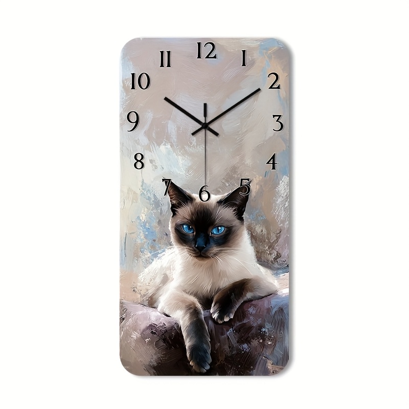 TEMU 1pc 2d Flat Wall Clock Non-ticking Wooden, Decorative Square Clock Abstract Siamese Cat Portrait Design For Kitchen, Bedroom, Living Room, ,