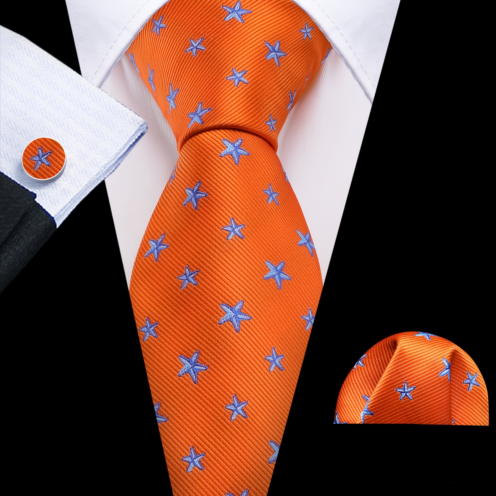 Image of 3pcs/set Wedding Gift For Boyfriend & Dad - Classic Men's Orange Tie, Pocket Square & Cufflinks Set, Premium Ties For Men Necktie Set For Wedding, Party, Gifting