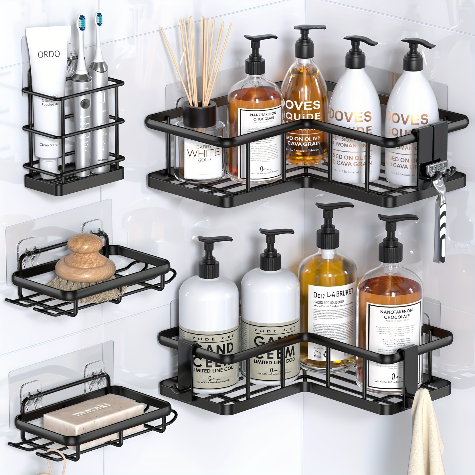 corner shower caddy organizer 5 pack self     bath shelves with soap holder 4 hooks large capacity shower storage rack for bathroom organization details 1