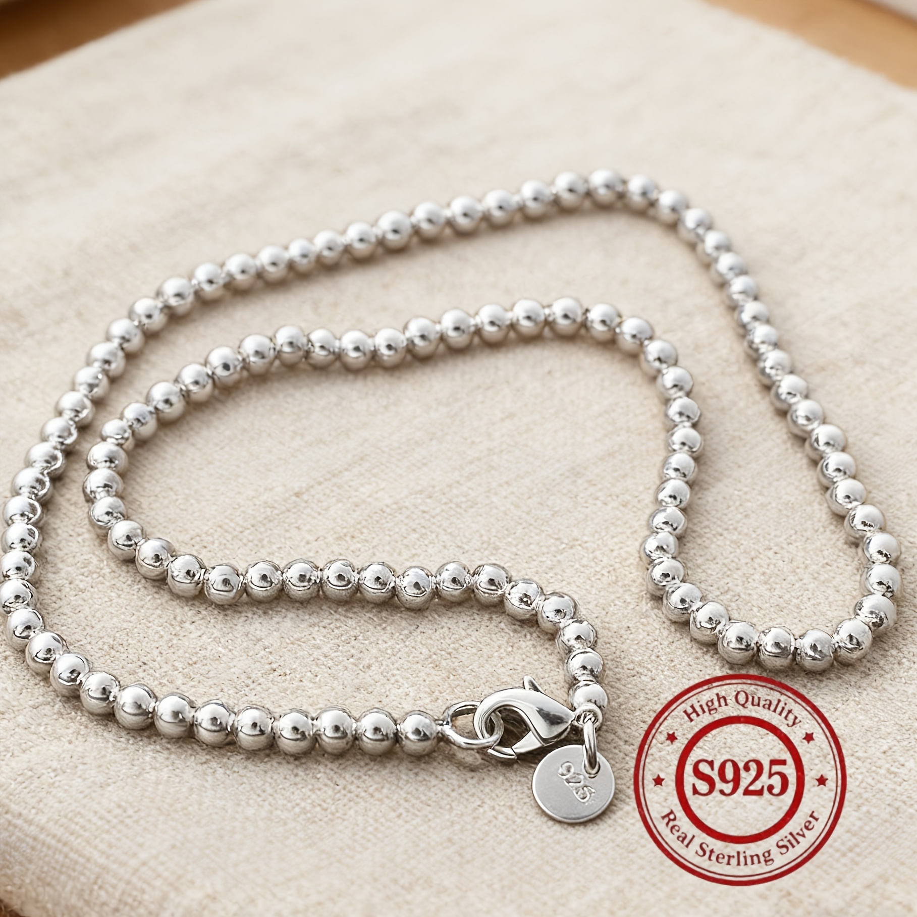 TEMU An Elegant 925 Sterling Silver Beaded Necklace, 4mm Featuring A Stylish Round Bead Chain And Fashionable Jewelry Additions