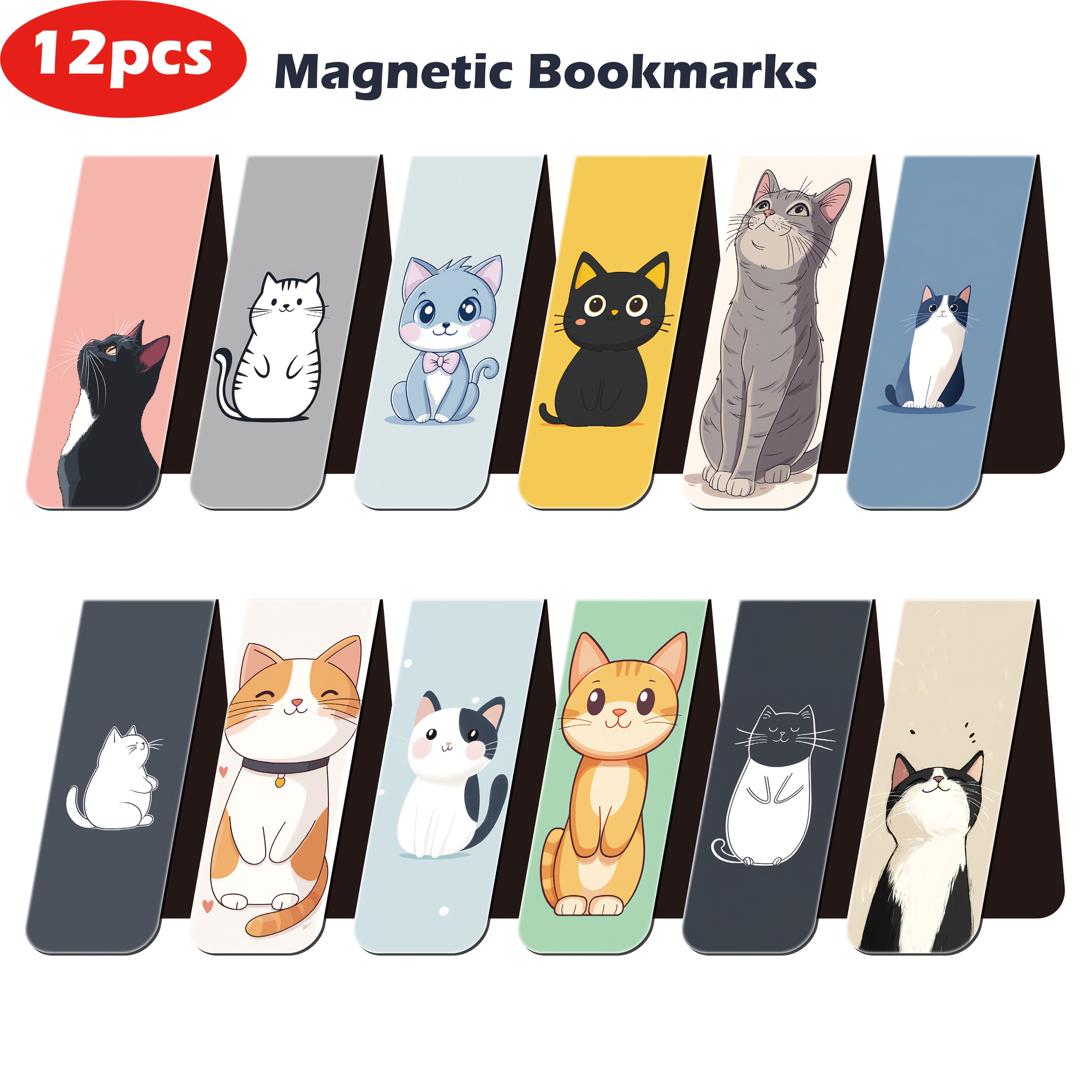 Image of 12pcs Colorful Magnetic Cat Bookmarks - Cute & Durable Paper Book Markers With Vibrant Cat Illustrations, Ideal Gifts For Cat Lovers, Students, And Teachers