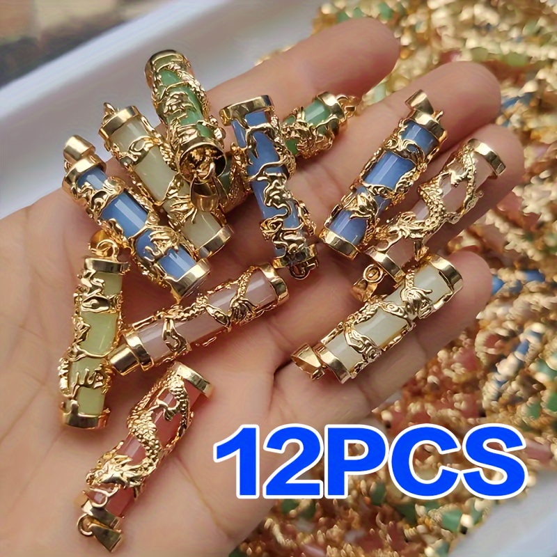 

12pcs Alloy Dragon Pillar Charms With Glow-in-the-dark Stone, Phoenix Inlay Jade Pendant For Men And Women Jewelry Making
