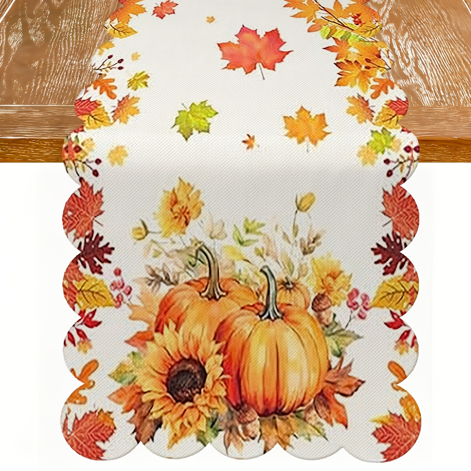 TEMU . Tischläufer mit weißem Untergrund, Sonnenblumen-, Kürbis-, - -Ernte-Motiv, gewellter Leinenschal, lebhafter herbstlicher Blumen- Kürbis-Druck,