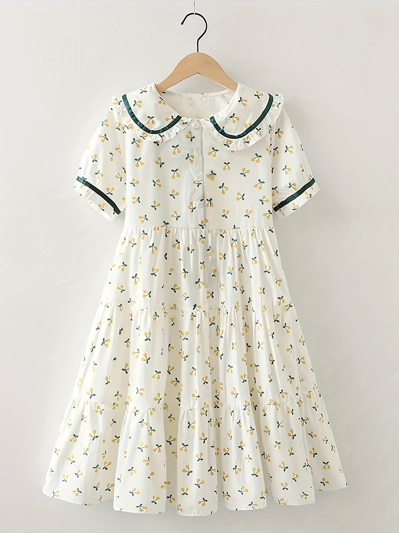 French Floral Button Collar Midi Dress Girls Vacation Casual - Temu