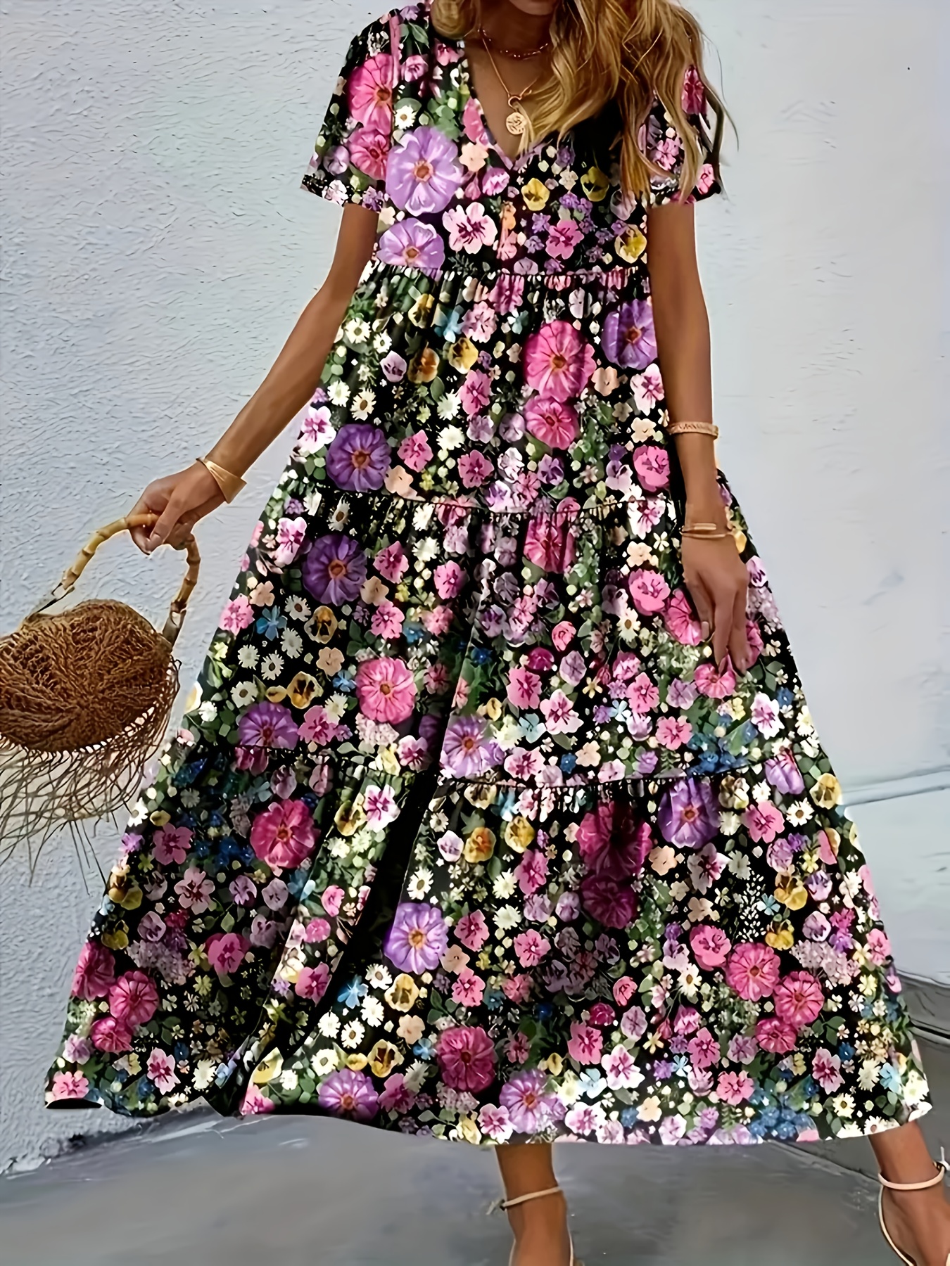 plus size elegant floral print maxi dress for women v neck short sleeve tiered ruffle hem lightweight polyester blend   spring summer fall casual   vacation dress floral print dress medium   multicolor 0