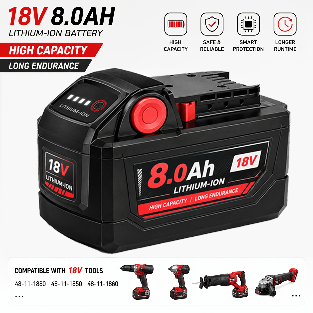 TEMU Lot de 4, 2 ou 1 batterie de rechange au lithium 8,0 Ah 18 V, compatible avec 48-11-1865 48-11-1850 48-11-1860 48-11-1852 48-11-1840 48-11-1862
