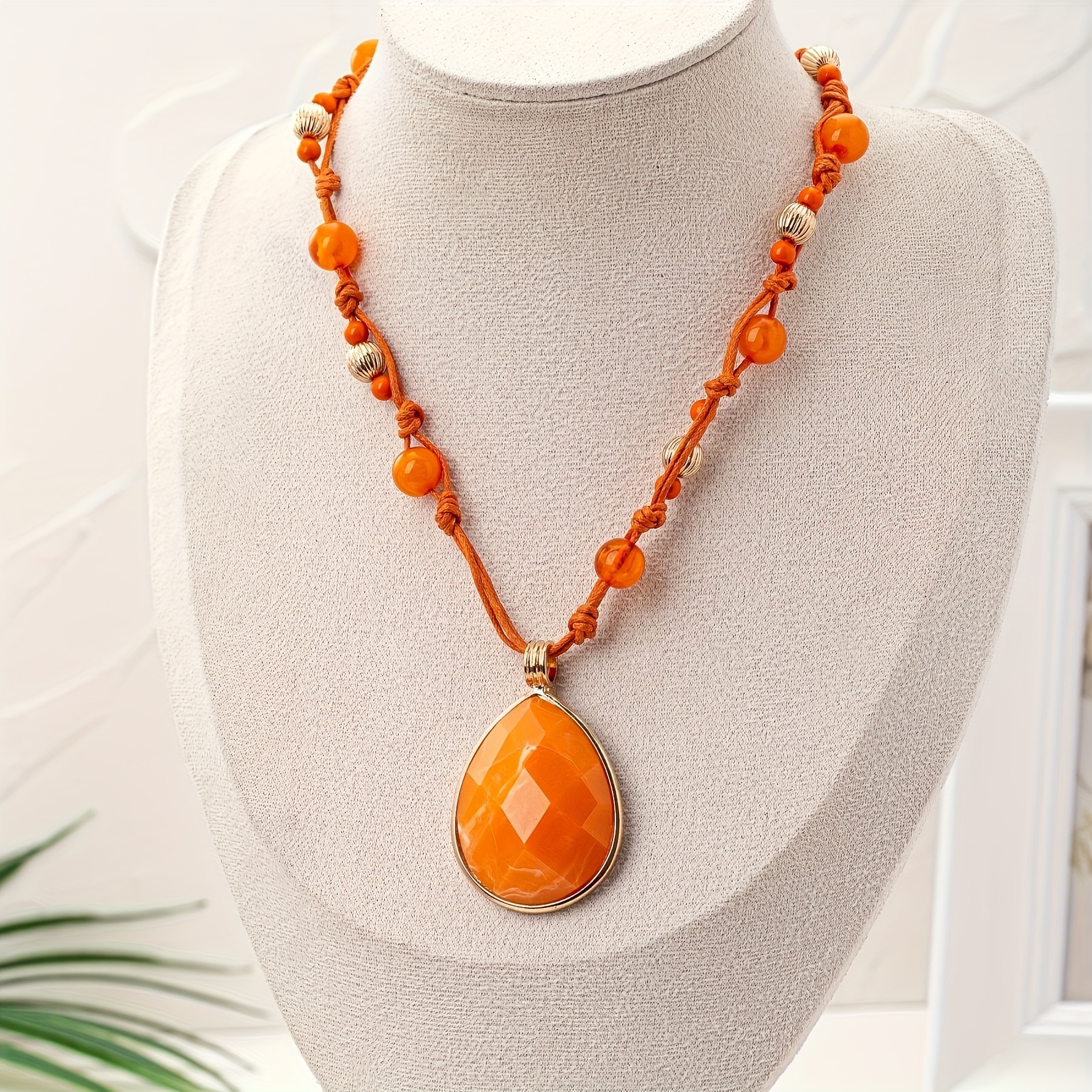 Image of A Bohemian-style Vacation Orange Teardrop-shaped Handmade Cord Woven Beaded Women's Fashion Pendant Long Necklace, Gifting
