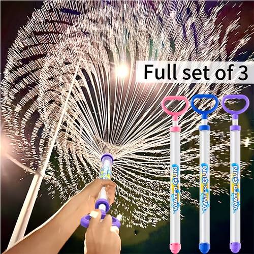 three water guns with long handles vibrant mixed colors made of durable pp material suitable for outdoor water balloon beach camping and summer parties recommended 3 and up