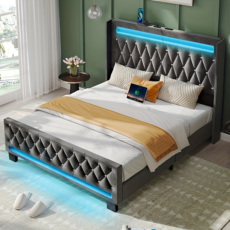 

Upholstered Bed Frame High Headboard And Footboard With Usb & Type-c Ports, Rgb Led Lights, Strong Wooden Slat Support, No Box Spring Required, Noise-free, Easy Assembly
