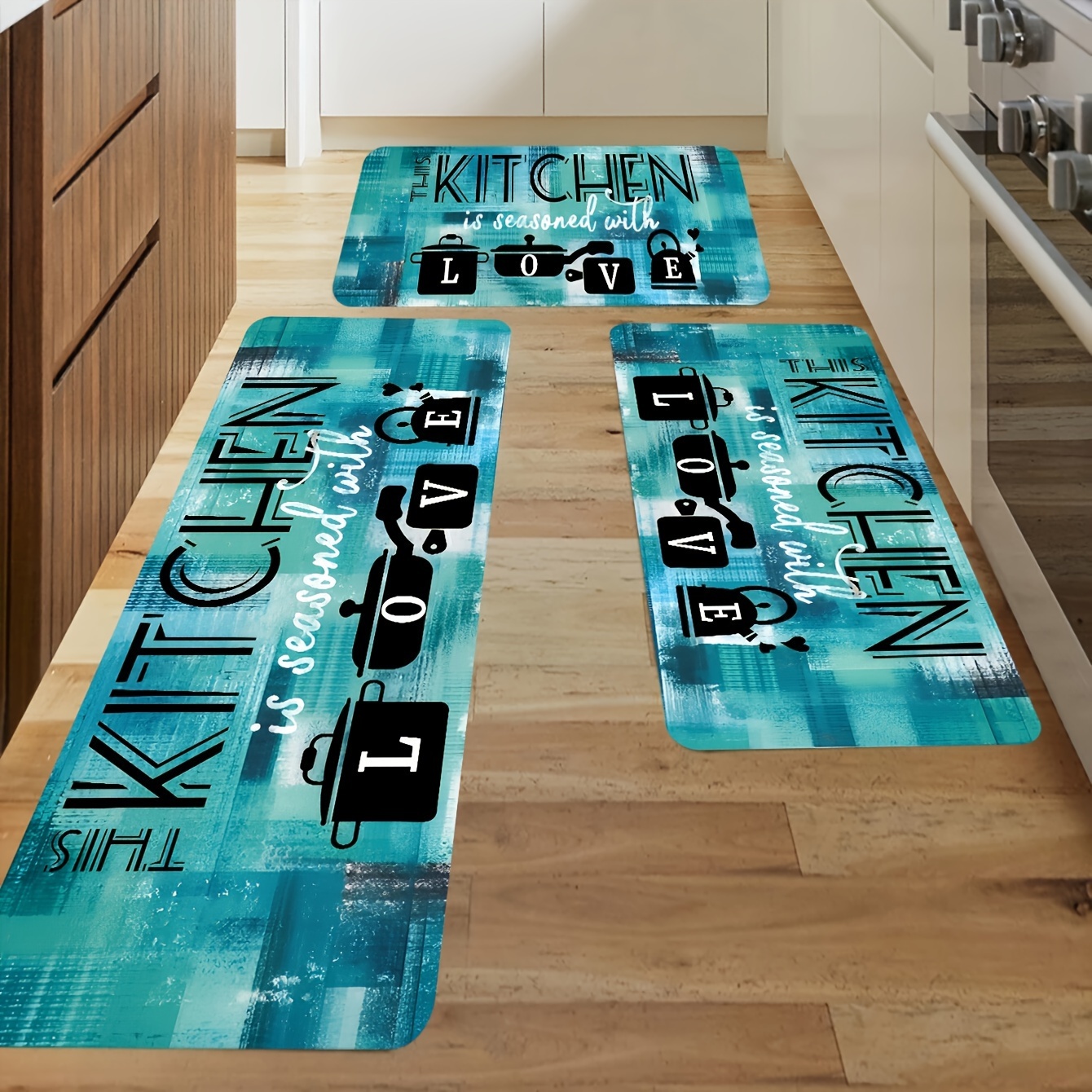 

Kitchen Rugs Set Of 3, Seasoned With Love Design, Non-slip Absorbent Polyester Mats For Home - Machine Washable, Rectangular, Multi-size Combo Pack (40x60cm, 50x80cm, 40x120cm)