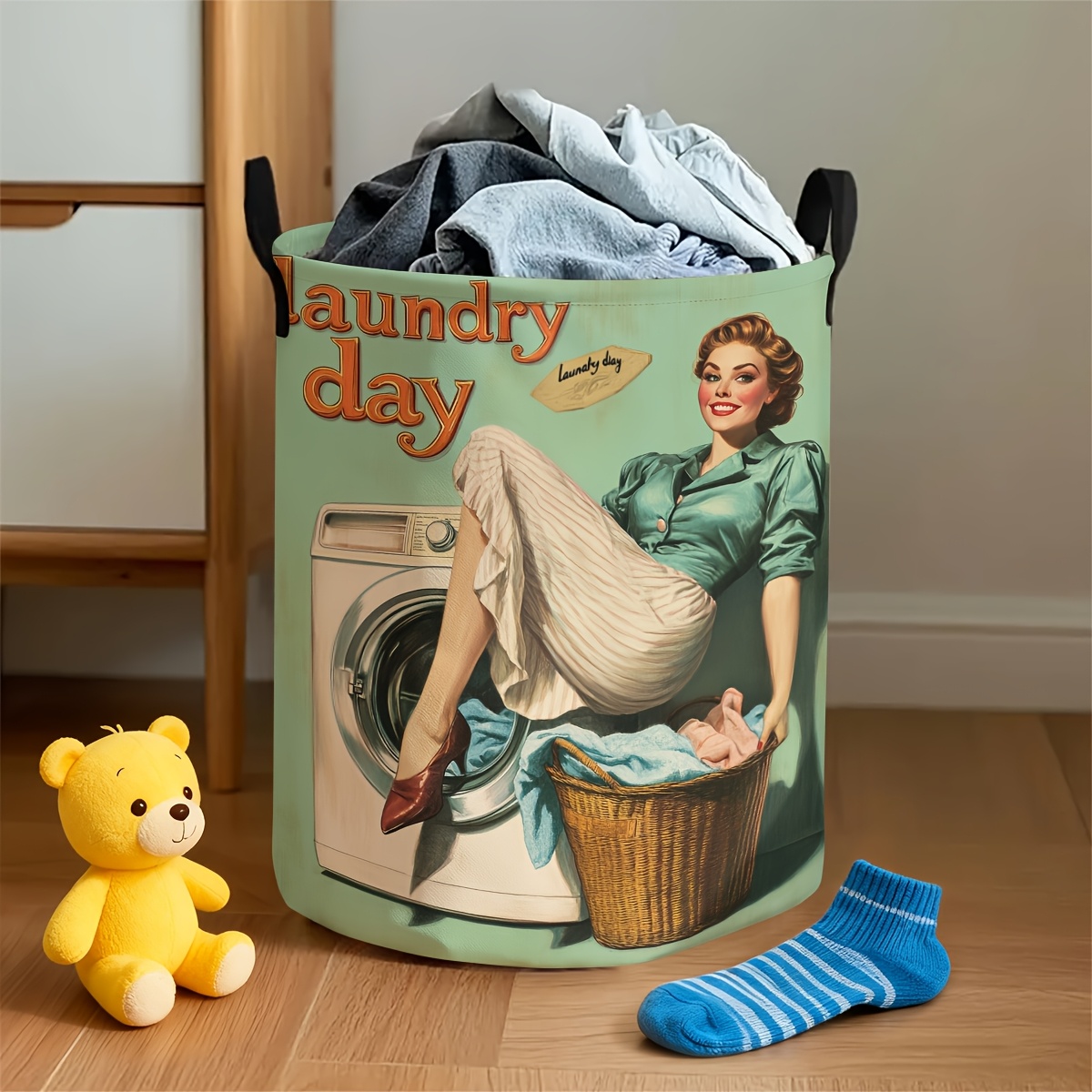 TEMU 1pc Basket - Collapsible Dirty Clothes Hamper, Suitable For Bathroom, Laundry Room Storage And Home Decor. Space- Round Clothes Storage Basket