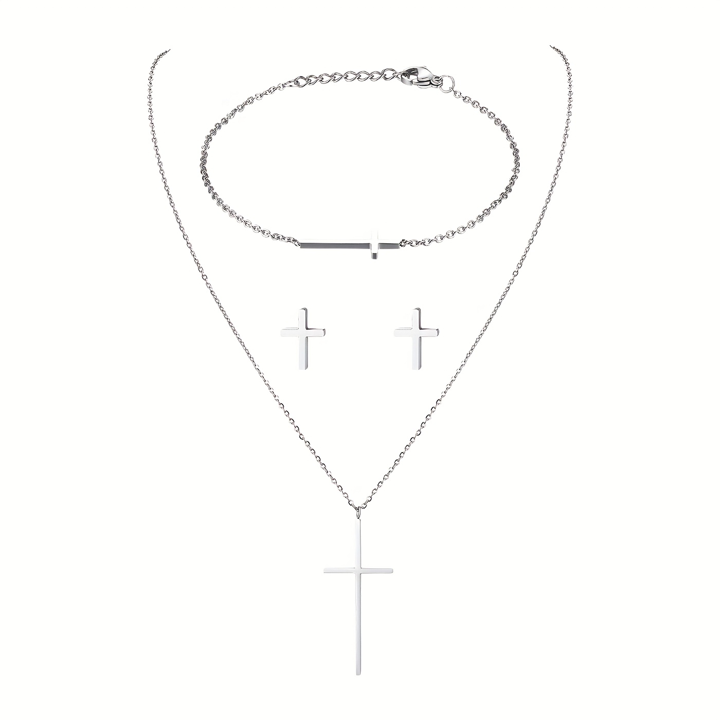 3pcs Set Exquisite Polished Cross Stainless Steel Pendant Women's Necklace Bracelet Stud Earrings