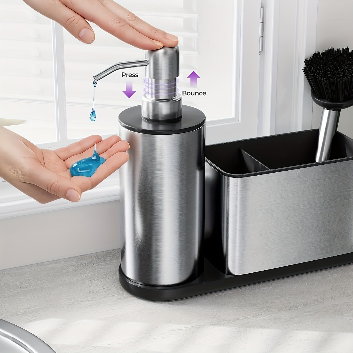 Image of Kitchen Soap Dispenser Set - , Stainless Steel Dishwashing Liquid Dispenser With Sponge Holder, Scrub Brush And Rack, Countertop Sink Organizer