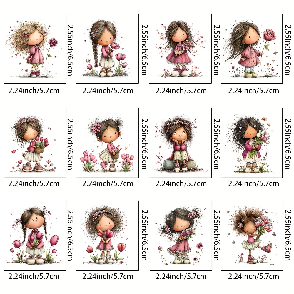 E-shop 12 Stück Mädchen & Blumen Frühlingsmotive Transferfolien für DIY-Bastelprojekte, Tassen, Laptops & Trinkflaschen – Selbstklebende UV-Folien mit