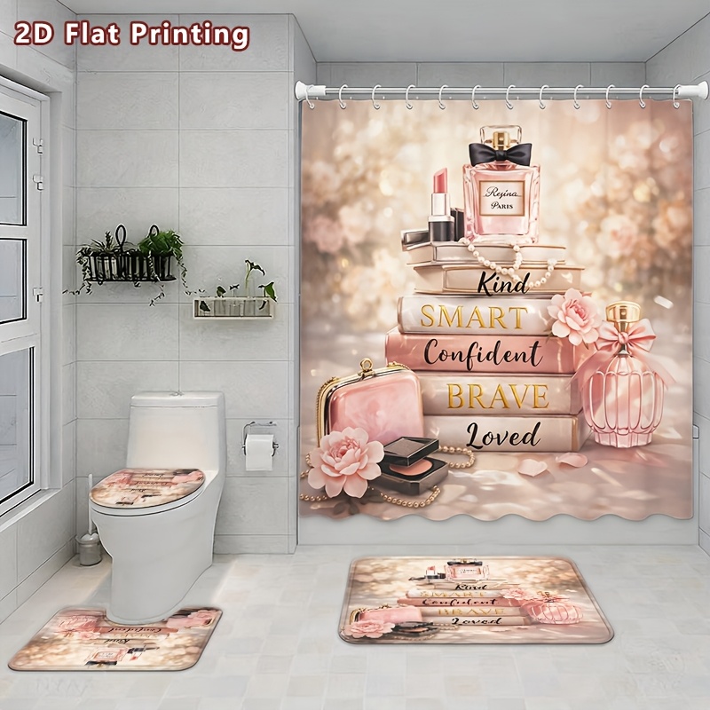4pcs 2D Flat Beauty Shower Curtain Set with U-Shaped Toilet Lid Cover