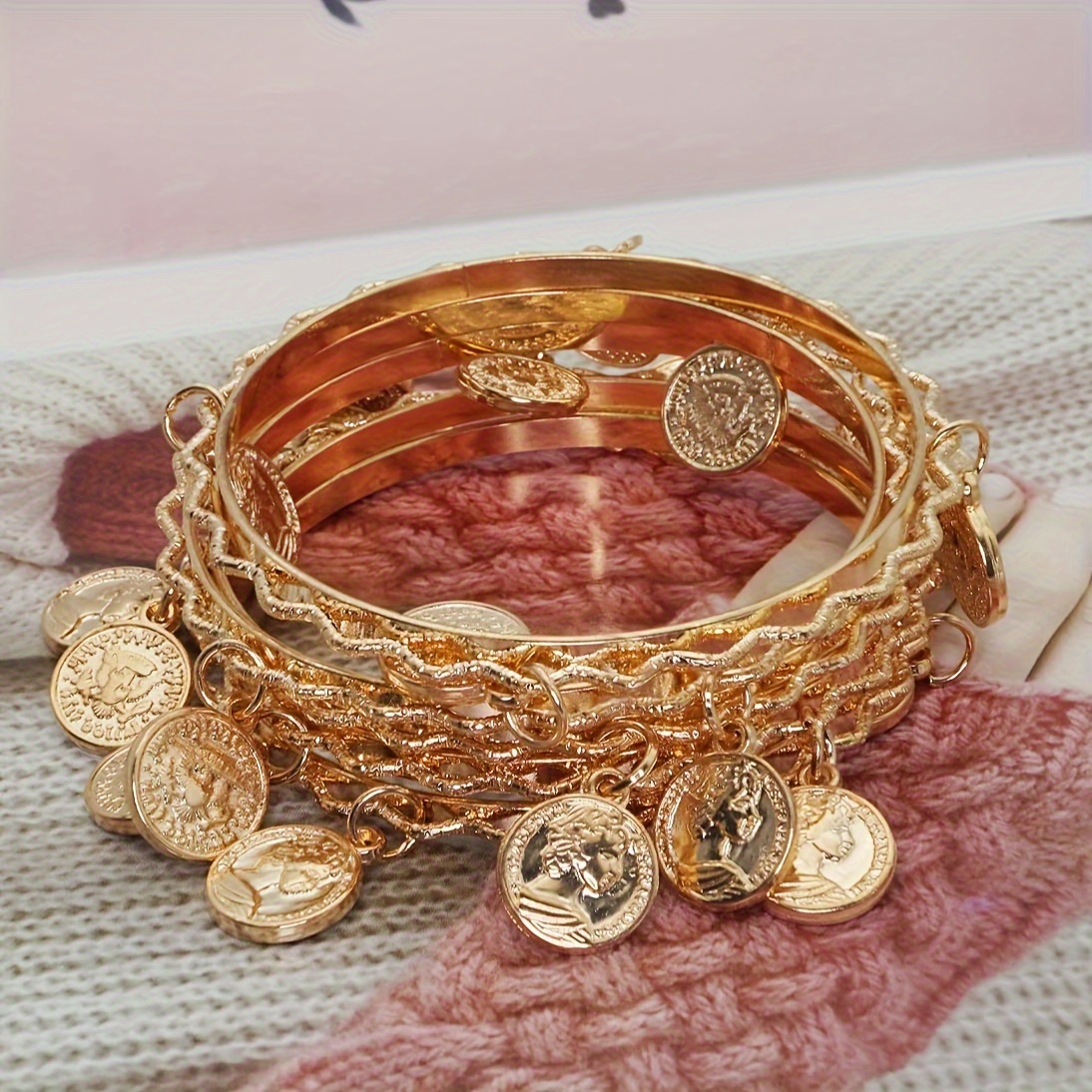 

5-piece Set, Golden Bracelet With Coin Charms, Middle Eastern Style, Fashion Sparkle Bangles For Women, Party Wear, Giftable, Everyday Chic Jewelry