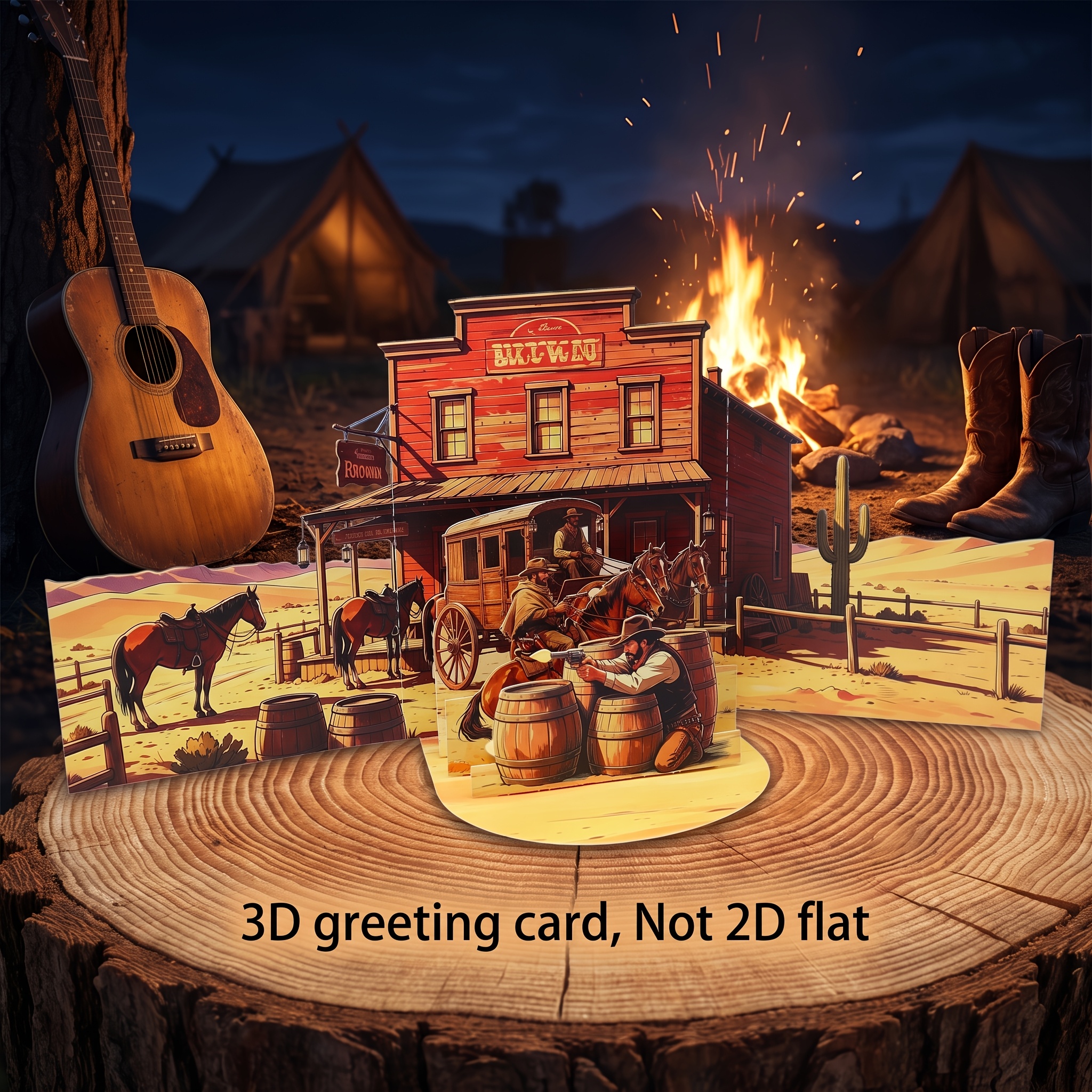 TEMU 3d Western Cowboy Saloon Pop-up Greeting Card With Envelope, Handmade Foldable Vintage Layered -up Card, Vintage Wilderness Scene Featuring