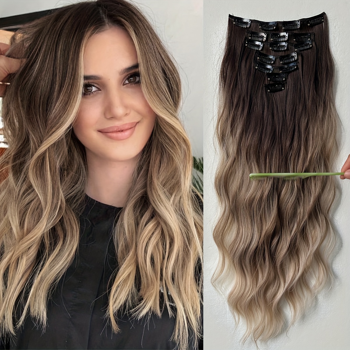 synthetic hair extensions in   with 16 clips measuring 22 24 inches in length featuring a water wave style this set   7pcs   a   look for women details 3