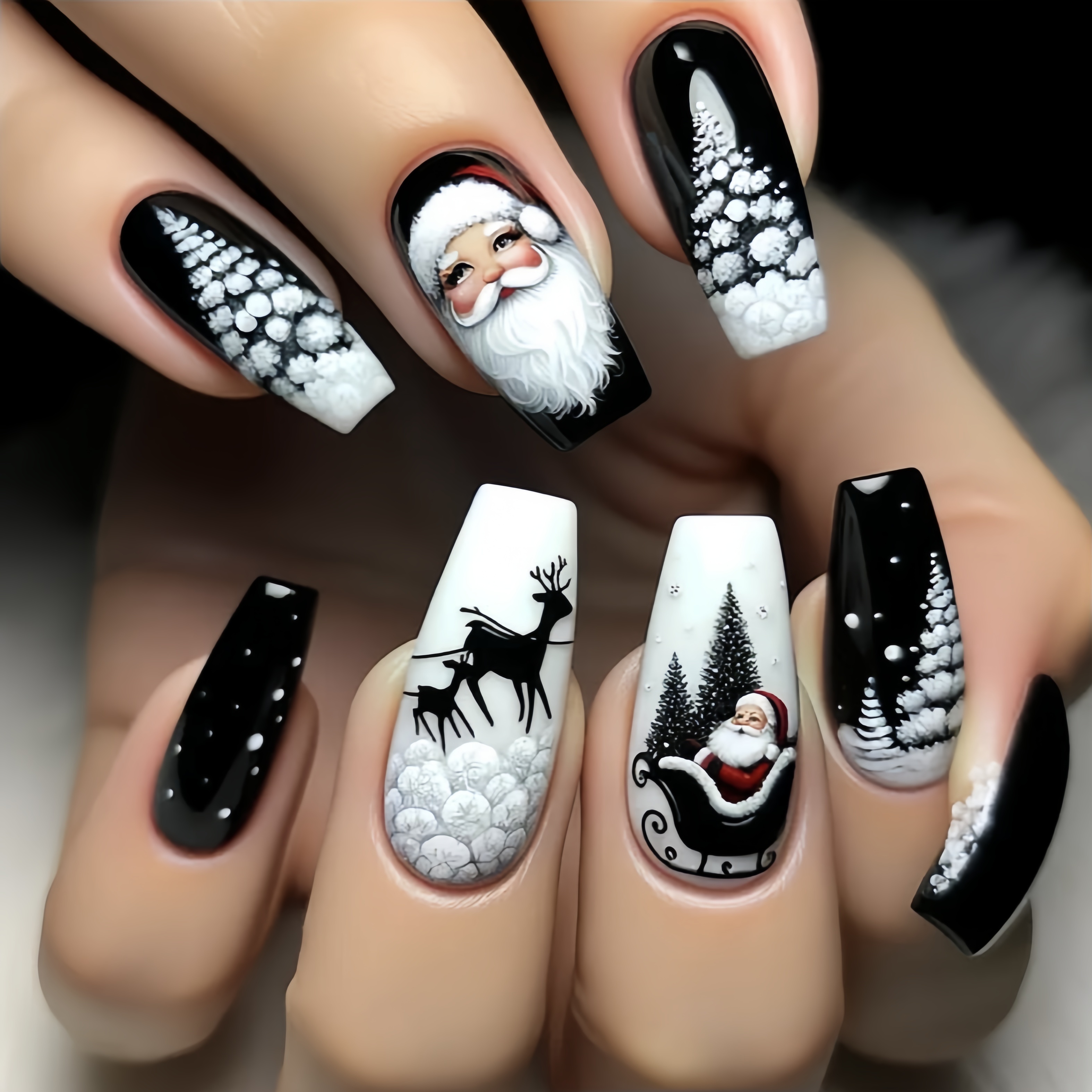 

Festive Christmas Nail Decals: Black Ballet Nails With Santa, Sleigh, Reindeer, And Snowflake Designs - 24 Pieces