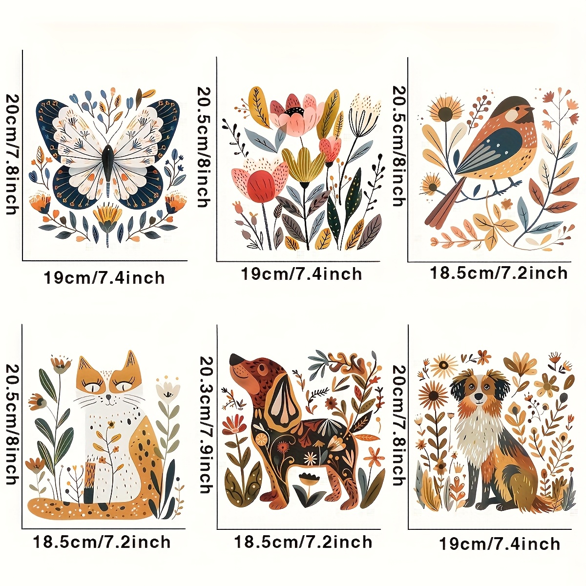 E-shop 6er-Set Nordische Blumen- und Frühlings-Tier-Wärmeübertragungspatches - Lebendige Vinyl-Aufbügler für T-Shirts, Hüte und - Fuchs, Hund,