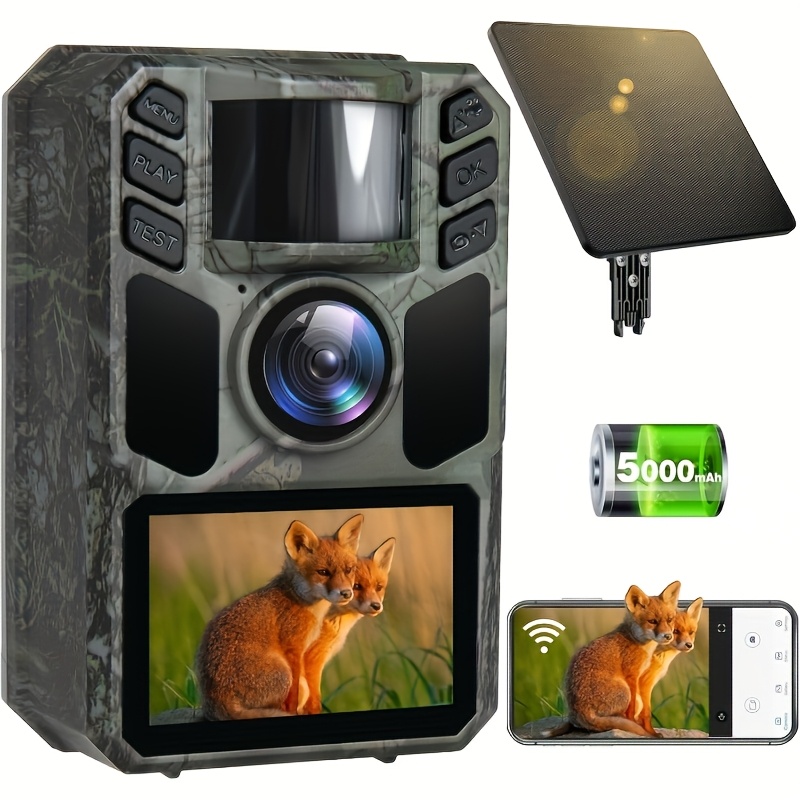 Image of Solar Trail Camera Wifi 4k With Built-in 5000mah Battery And Night Vision Ip67 For Hunting Camera, 130°wide Angle 0.2s Trigger Speed, Suitable For Outdoor Wildlife Detection, Monitoring Game Cam