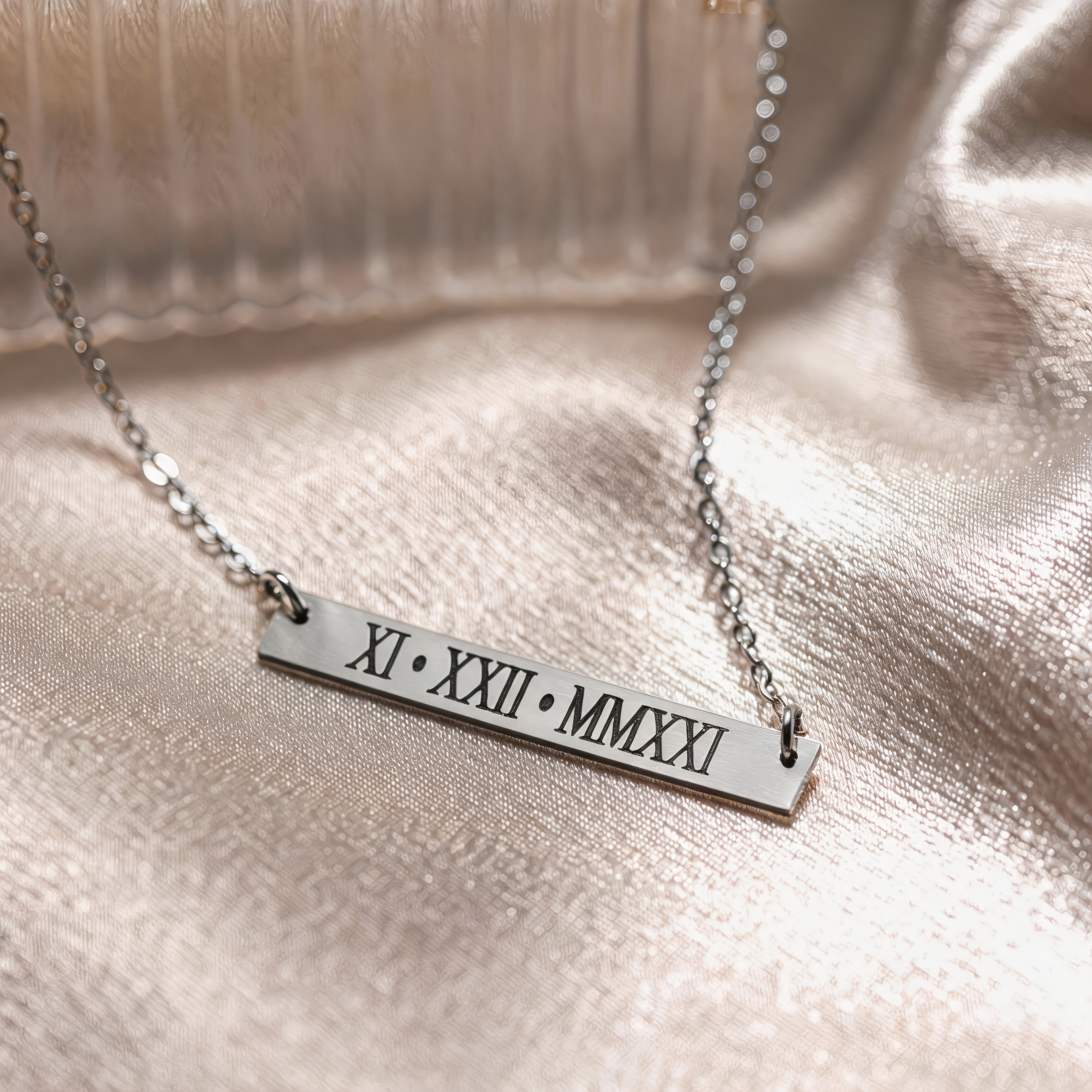 Custom Roman Numeral Bar Necklace, 18K Golden Plated