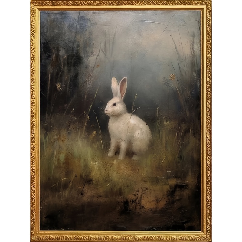 

1pc Unframed Canvas Art - White Rabbit In The Forest, Dark Academia Wall Decor, Wild Hare Painting, Farmhouse Room Decor, Animal Pattern Artwork For Bathroom 12x16 Inches