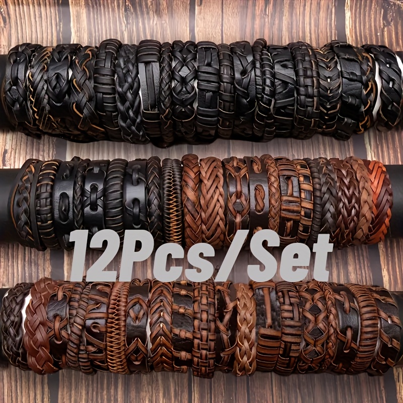TEMU 12pcs Set Of Vintage-inspired Leather Bracelets, Featuring Black And Brown Woven Patterns. Suitable For Men And Women, Bracelets Are Perfect For