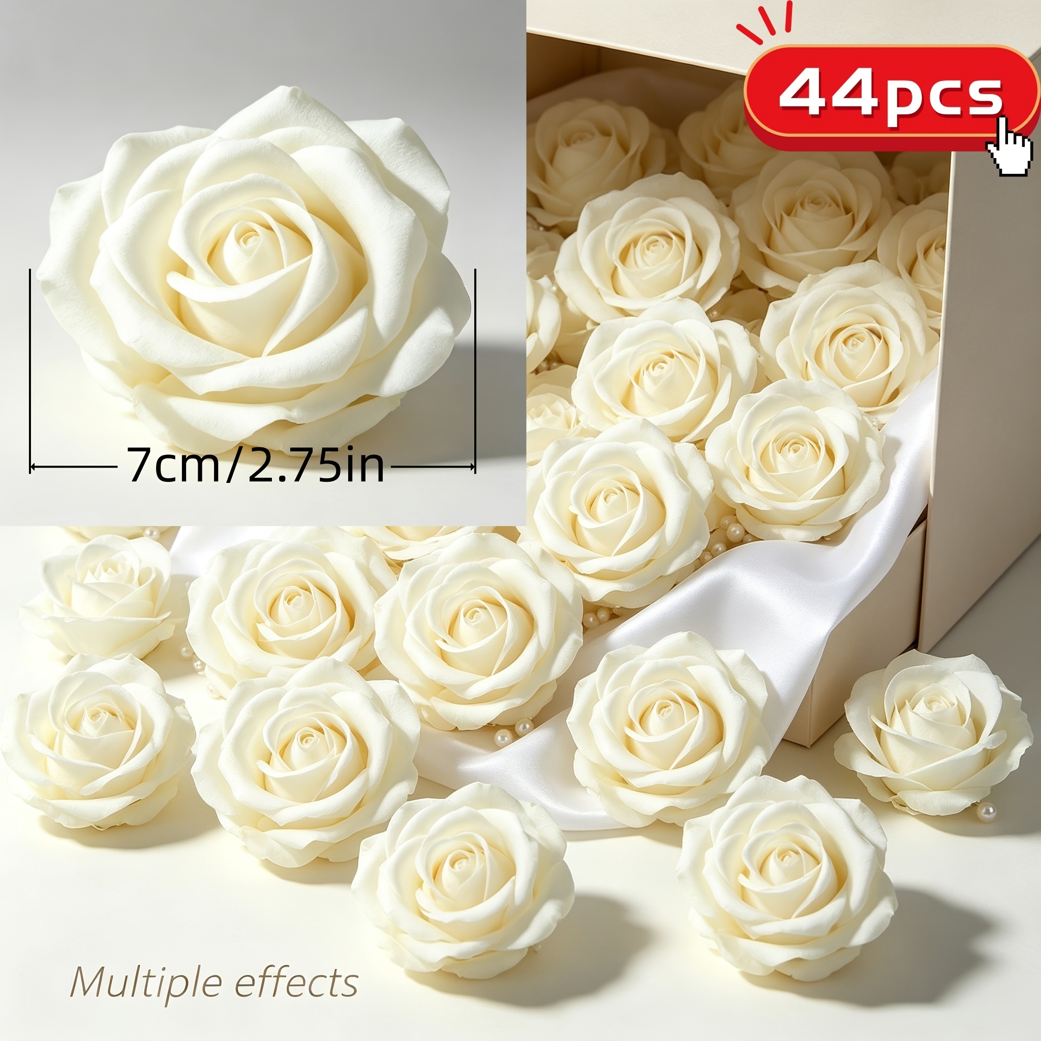 TEMU 44pcs Cream White Artificial Rose Flower Heads, Diameter 7cm/2.75in, Fabric Moisturizing Fake Rose Petals, Branchless Independent Flower Heads,