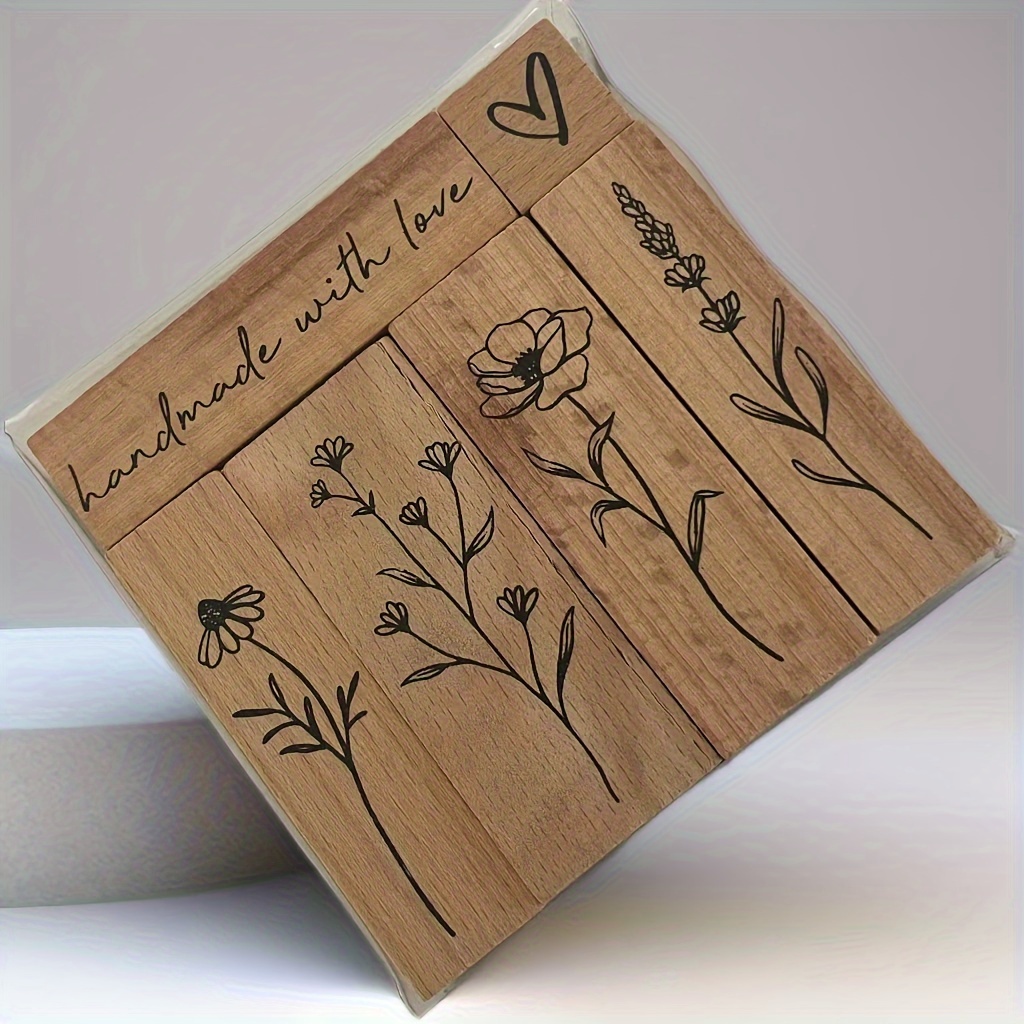 

6pcs/set, Flower Wooden Stamp, Wood Rectangle Craft Stamp For Diy Craft, Diary And Craft Scrapbooking