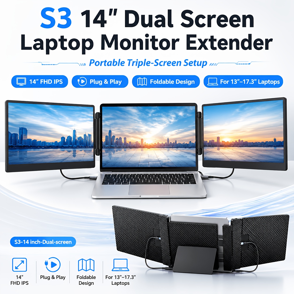 Laptop Screen Extender 14 / 15.6 Inch Dual Screen Portable Monitor, 1080P FHD IPS Screen, 178° Wide Viewing Angle, High Color Gamut, Plug And Play Three-Screen Expansion, Widely Compatible, USB-C/HDTV Video Output, Foldable External Monitor
