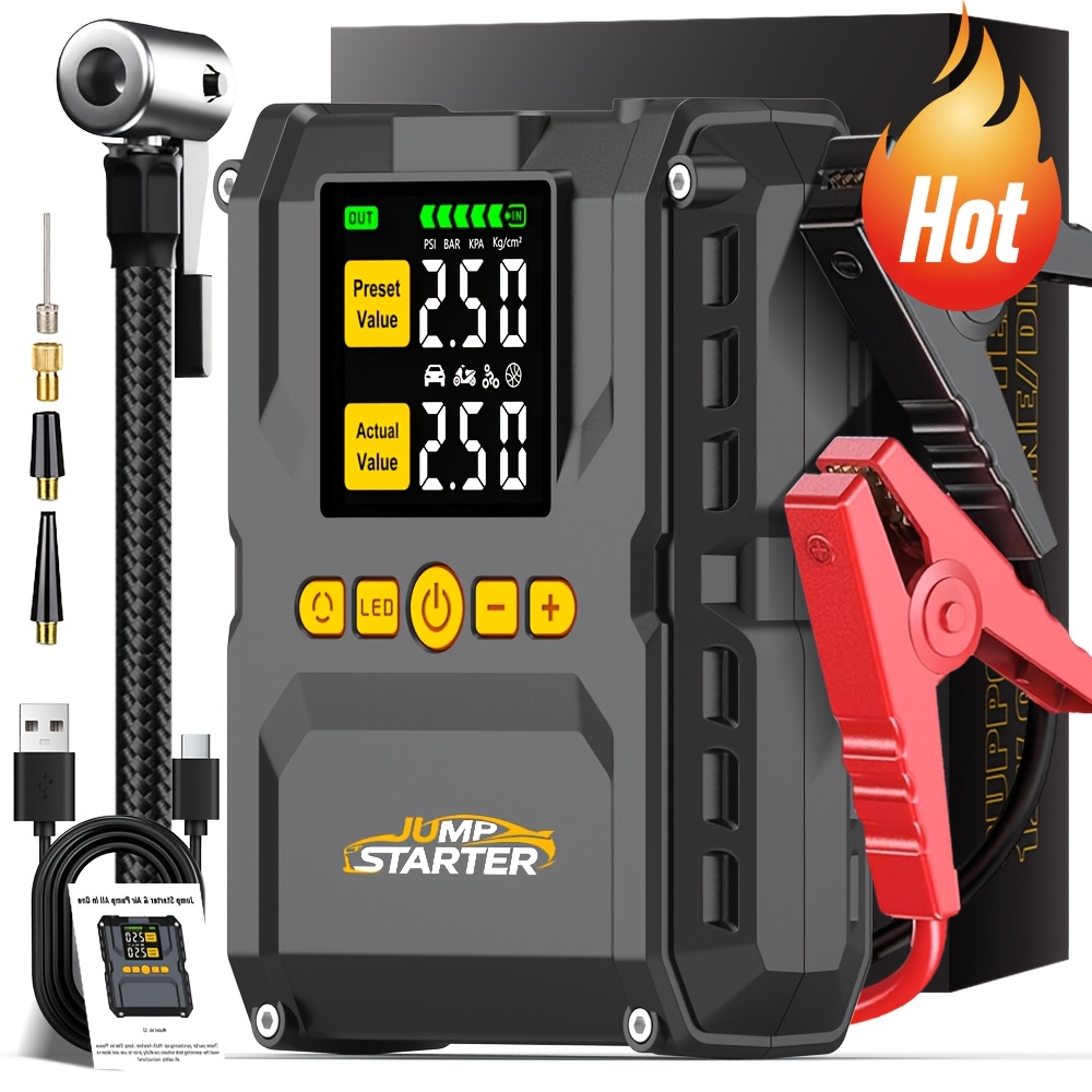 TEMU 26640mwh 6000a Jump Starter With Air Compressor (up To 12.0l Gas And 8.0l Engines). Pack With Digital Tire Inflator, Fast Charging Usb Output,