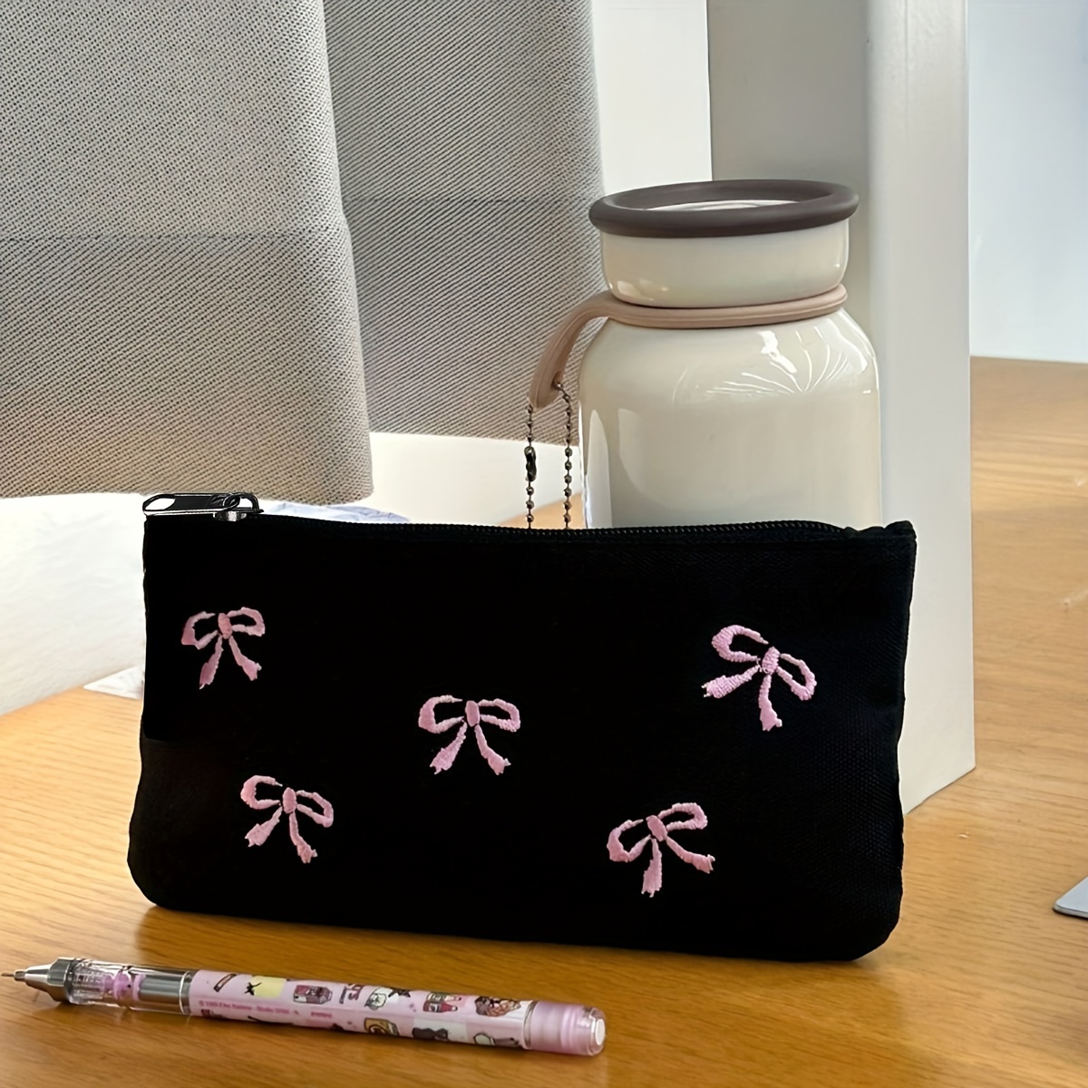 

Embroidery Pen Bag High And Atmosphere Stationery Storage Cosmetic Storage Bag Cute Simple Ins Large Capacity Cosmetic Bag 1 Pack (zipper Random)