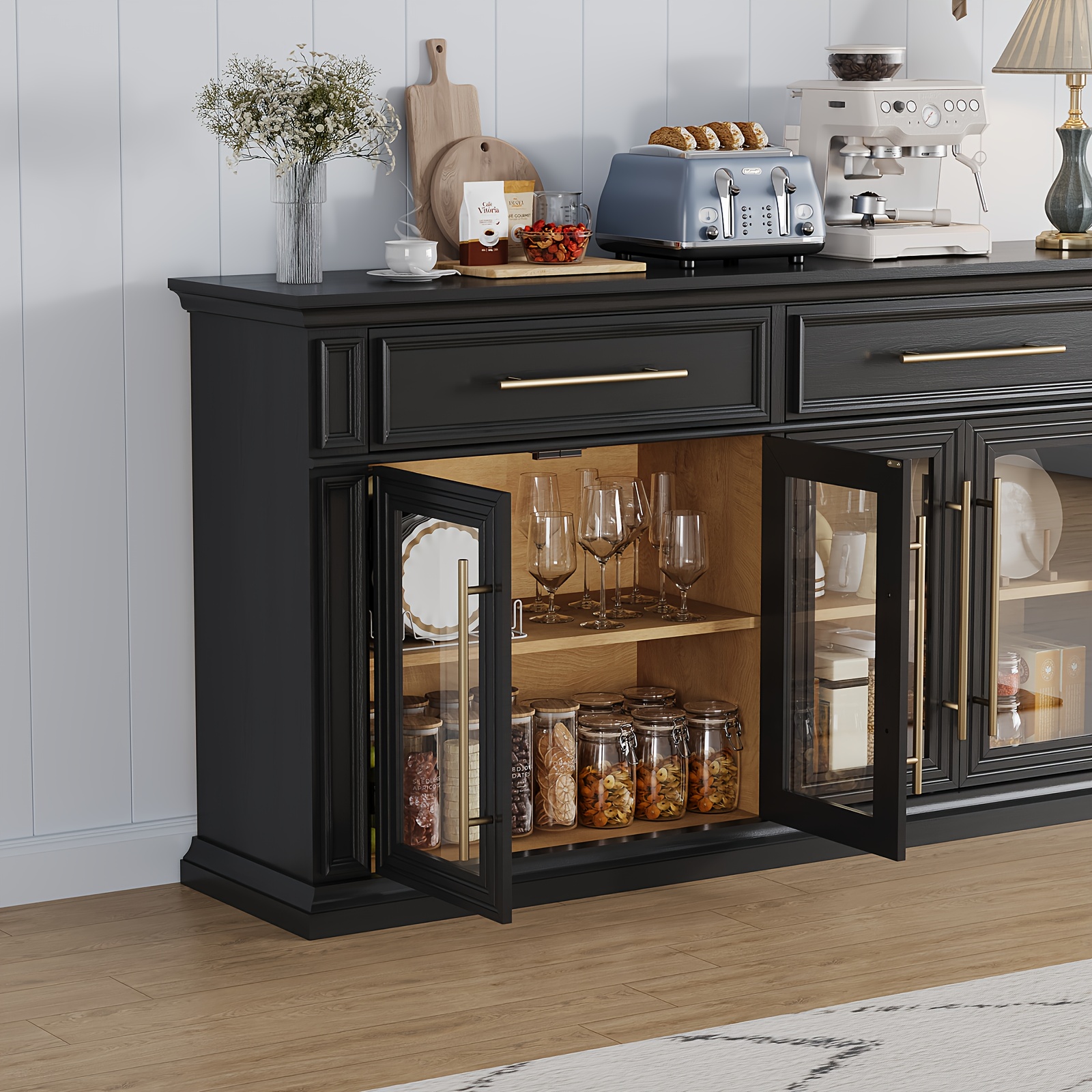 63 Mid-Century Modern Sideboard Cabinet - 2 Smooth-Opening Drawers & 4 Stylish Doors for Spacious Kitchen Storage, Perfect Coffee Bar Accent with Timeless Design