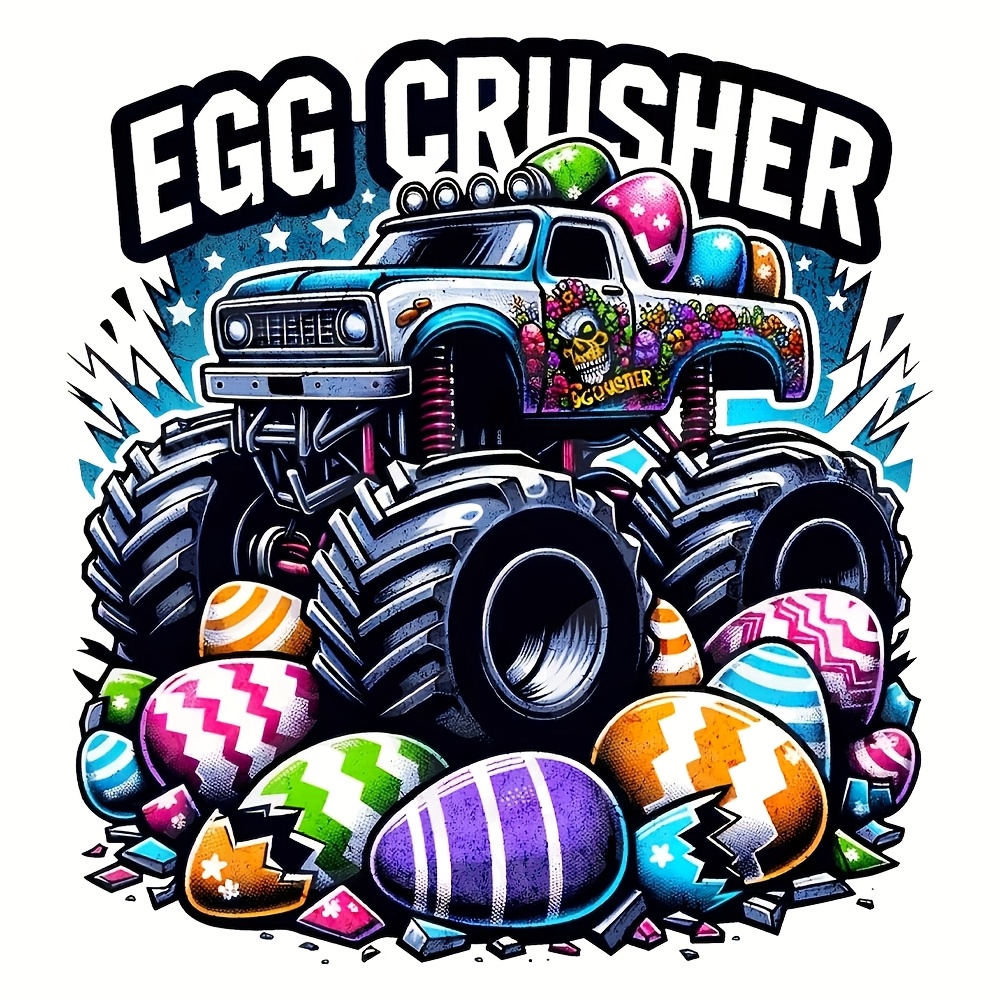 

6pcs Vibrant Easter Egg Crusher Heat Transfer Stickers, Vinyl Iron-on Patches For Diy T-shirts, Jeans, Masks, Backpacks - Monster Truck & Decals