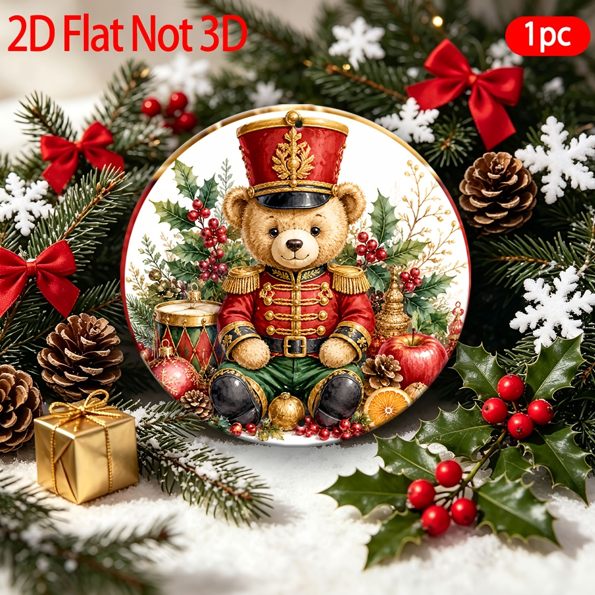 TEMU 2d Flat, 1pc, Decorative Plaque And Ornament, Christmas Bear Decoration, Themed Round Plate, Suitable For, Indoor, Home, Gift For , Outdoor Wall