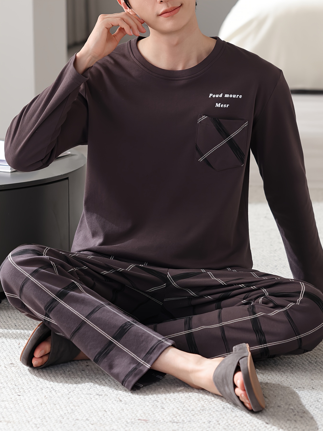 1set Men'S Casual Cotton Pajama Set, Long Sleeve Round Neck Sleepwear with Pockets, Loose Fit Knitted Pullover for Spring/Autumn - Comfortable Thin Cotton Outfit