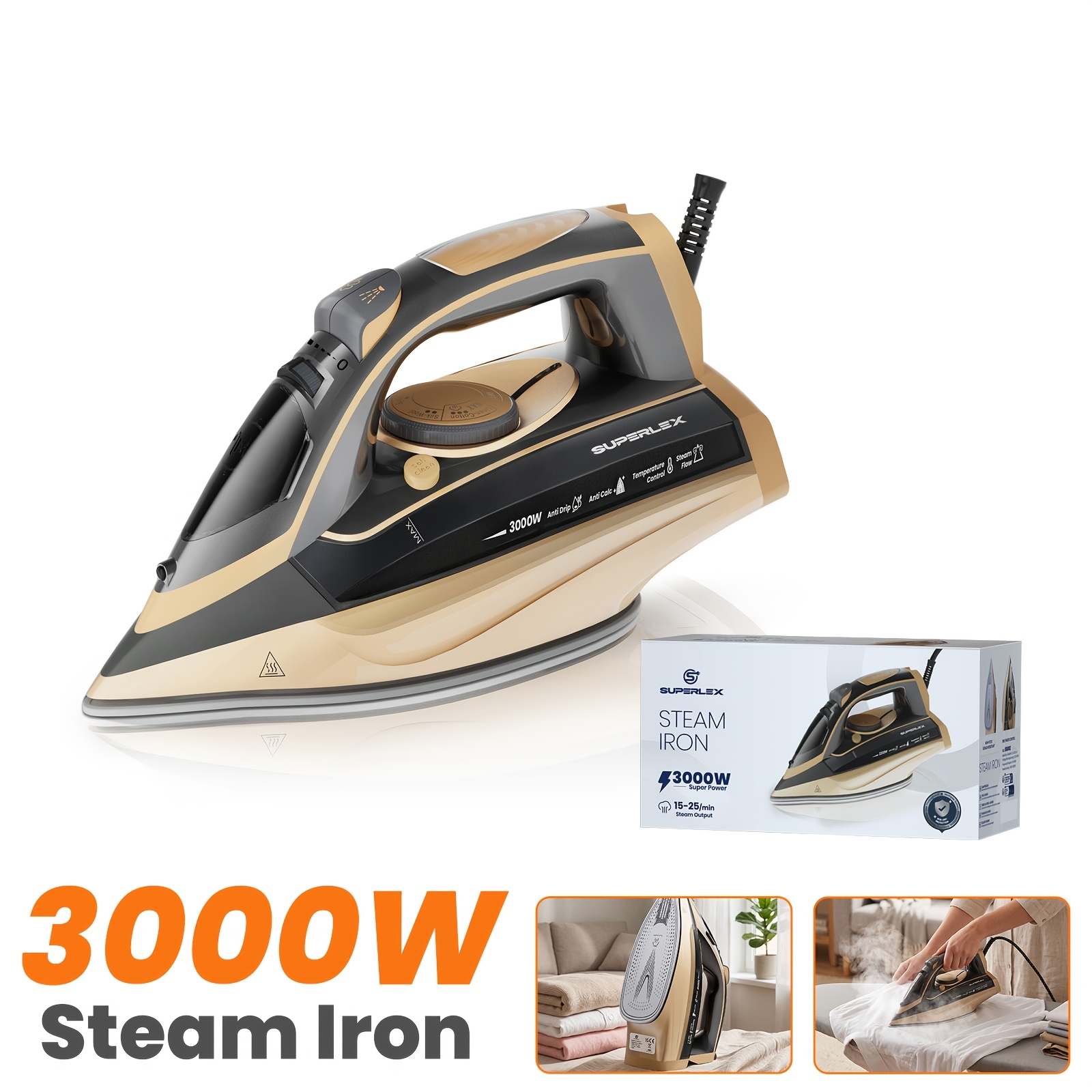 TEMU Superlex Steam Iron With 450ml Tank, 3000w Electric Steam Iron With Ceramic Soleplate For Nylon, Wool, & Linen. 7-in-1 Functions: Dry, Spray,