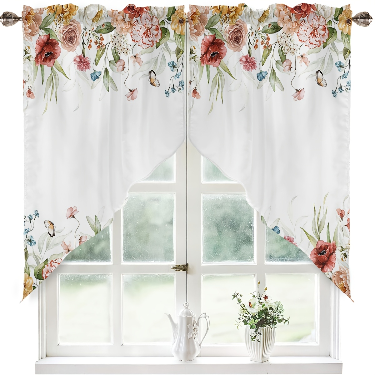 E-shop 1 Set Dreieckige Küchenvorhänge, Frühlingsblumen -Vorhänge, Halbverdunkelung mit Stangenöffnungsdesign, Geeignet für Küchendekor,