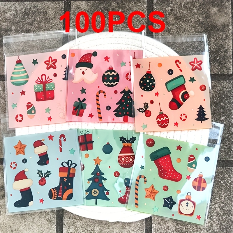 TEMU Set Of 100 Festive Gift Bags Featuring Designs Of Santa Socks, Christmas Trees, And Ornaments - Patterns And Stylish Designs - Ideal For Holiday