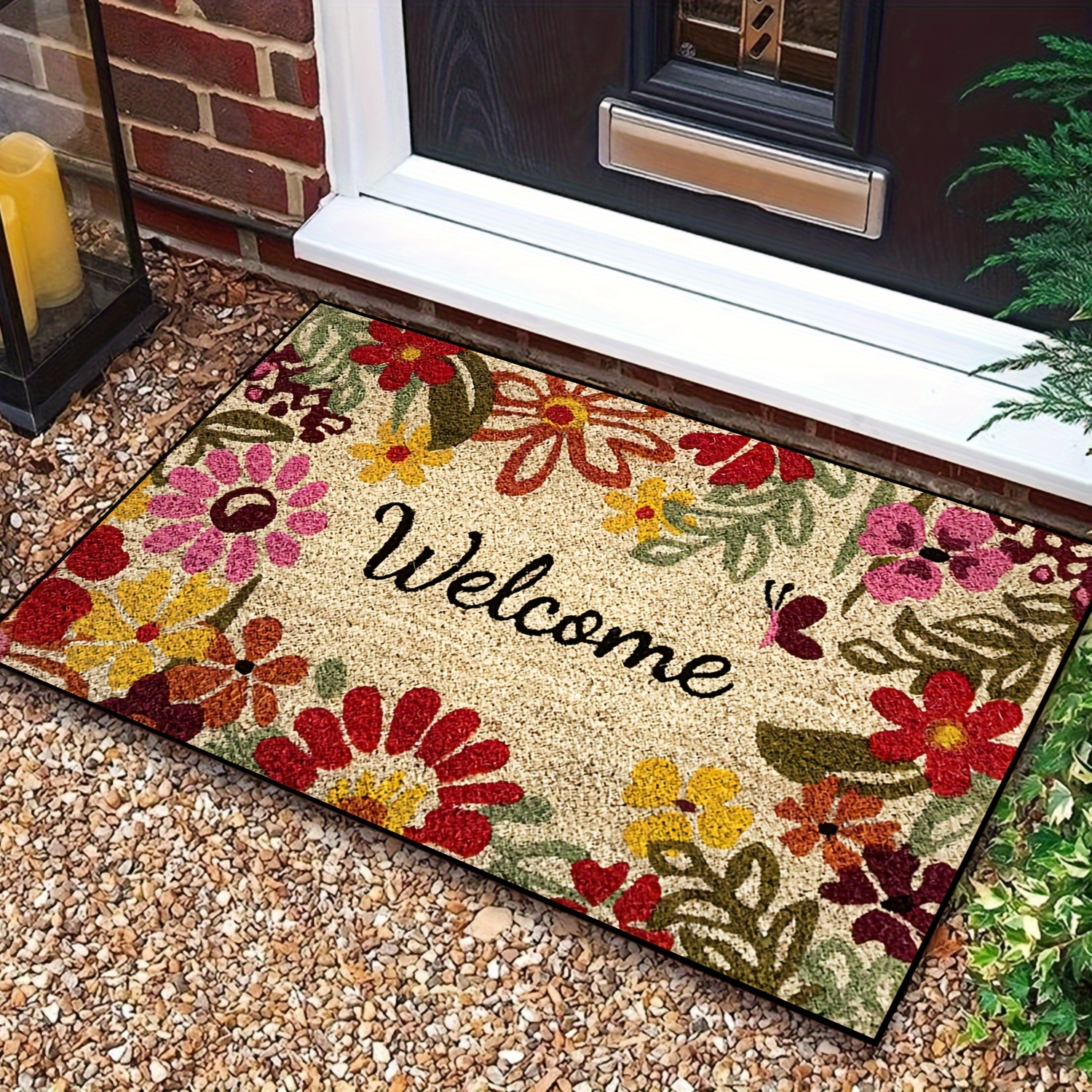 E-shop "Willkommen" Fußmatte für Außenbereich mit mehrfarbigem Blumenmuster, goldenem Samt 800G/qm, rechteckige gestrickte Polyester,