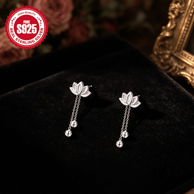 Women's S925 Silver Lotus Tassel Stud Earrings, Vintage Style