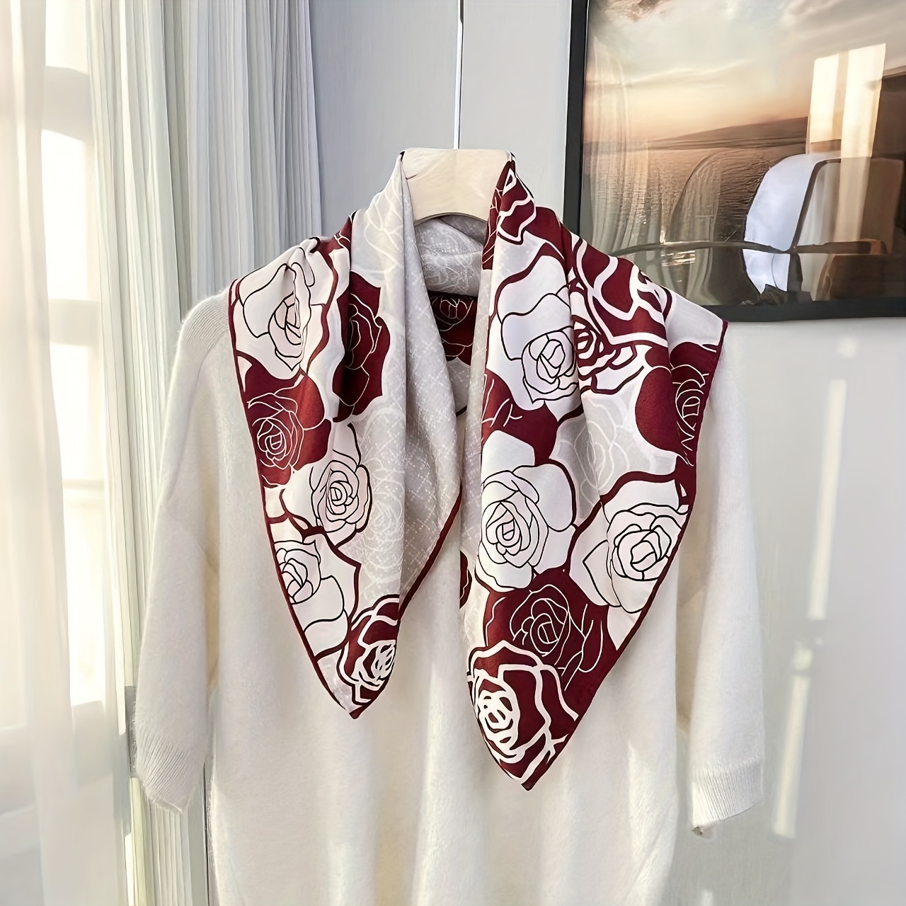 elegant dual sided scarf red white roses square Temu Bahrain