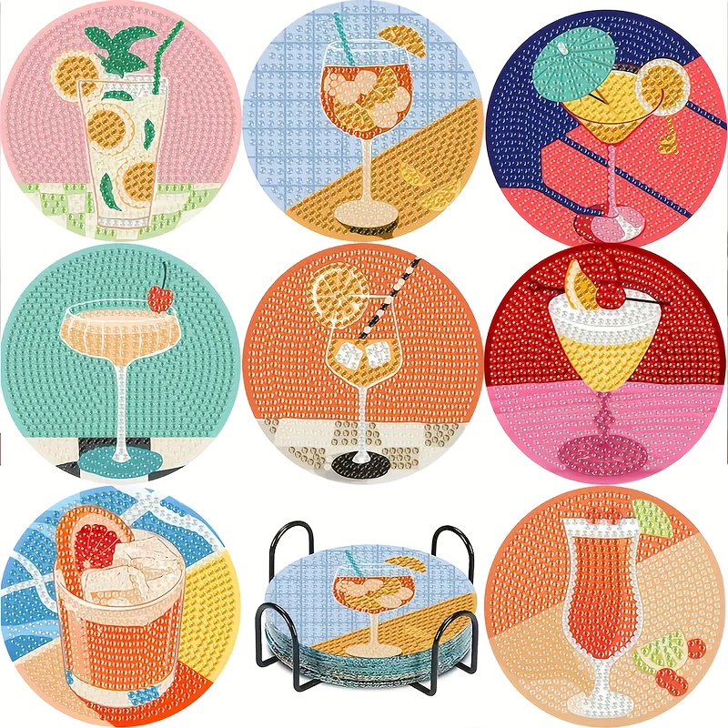 Image of 8pcs Diamond Painting Coaster Set With Stand, Gift For Adults, Holiday Present, Drink And Coffee Coasters, Handmade Adult Diamond Painting Kit, Home Party Decor, Adult
