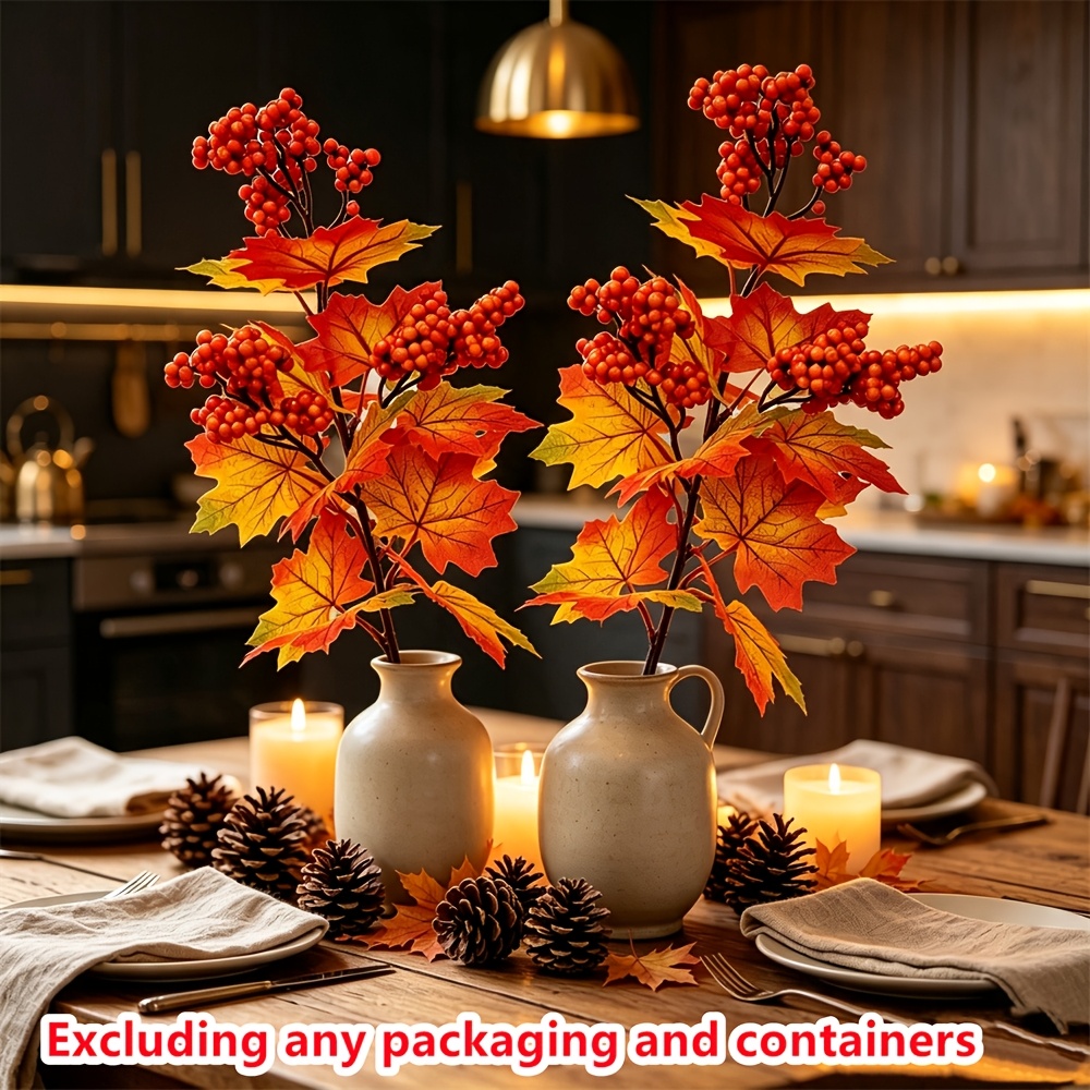 TEMU Luxury Autumn Simulation Maple Leaf Berry Branch, Gradient Maple Bouquet, Premium Thanksgiving Floral Arrangement, Living Room Fireplace Dining