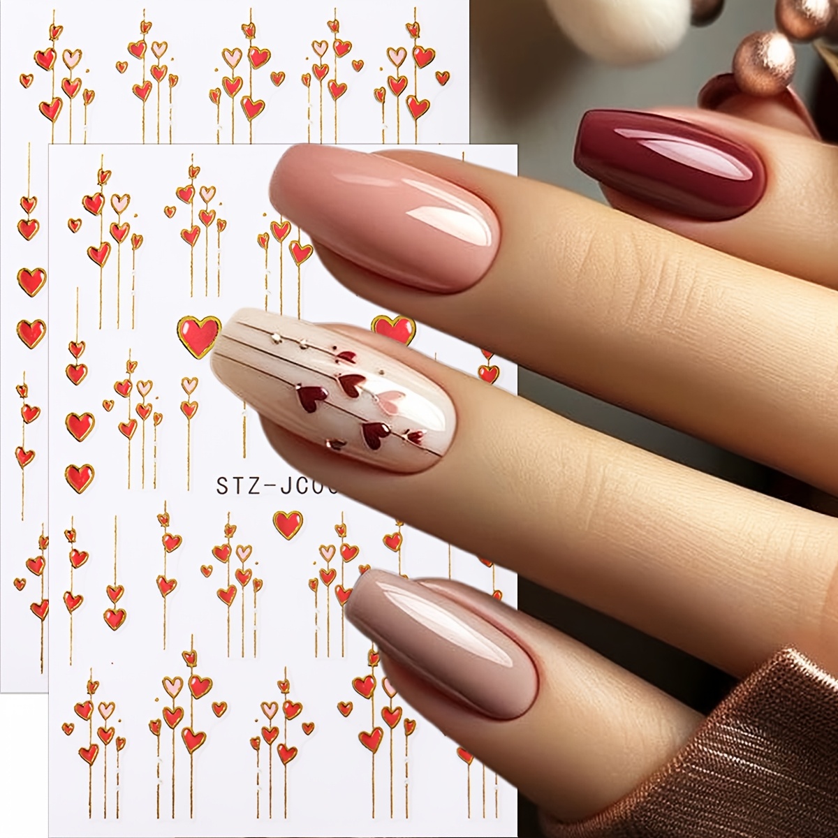 

1 Set Heart Nail Art Stickers - Hypoallergenic Glittery Pet Decals, Self-adhesive Shimmery Hearts For Plastic Surfaces, Single Use, Formaldehyde-free, - Cute Peach Heart Nail Embellishments